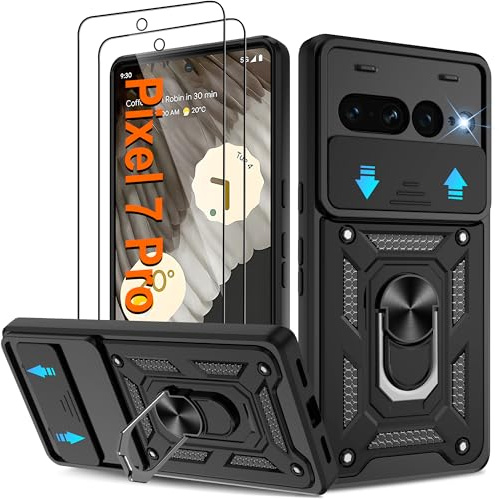Pilaru Shockproof Case for Pixel 7 Pro Military-Grade Drop Proof Dual-Layer Protective with Camera Slide Cover | Precision Hole, Built-in Kickstand & 2 Screen Protectors for Google Pixel 7 Pro,Black