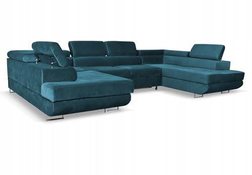 Family Meble Ecksofa, Modell Bosso Big, Schlaffunktion, Freistehendes, Ausklappbares, Behälter für Bettwäsche, Strapazierfähiges Material, Schmutzabweisend, für Wohnzimmer, Schlafzimmer, Blau