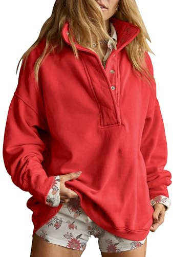 Gacaky Sweatshirt for Women Oversized Casual Long Sleeve Button Henley Neck Pullover Tops Fashion Outfits Clothes Red Medium-