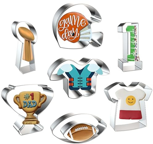 Football Cookie Cutter Set - 8 Piece - Football, Helmet, Jersey/T-shirt, Football Shoulder Pads, Football Trophy Cup, Number One #1 - Sport Cookie Cutters Shapes Fondant Biscuit Baking Molds