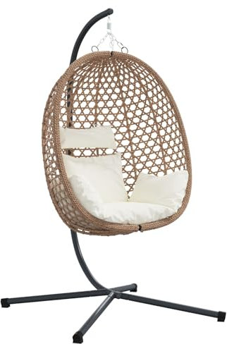 vidaXL Hängender Ei Stuhl Mit Ständer Stahlrahmen Und Kissen Hellcreme Poly-Rattan Outdoor Schaukel für Garten Balkon Lounge Terrasse Zeitgenössisch