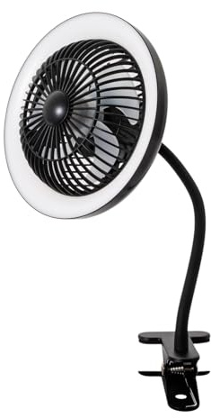 Happy Homewares Black Rechargeable 3 Speed Clip-On Fan with LED Dimmable Halo Ring Light, 4000mAh Battery, 3700K 100LM, Three Speed Quiet for Home or Office