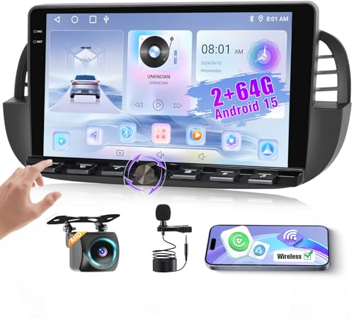 Hikity 2+64G Android 15 Autoradio per FIAT 500 2007-2015 Radio Carplay Android Auto Wireless 9 IPS Touch Screen Radio con Telecamera Bluetooth Navi WiFi FM RDS Mirror Link DSP