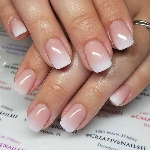 UNA GELLA Press On Nails Short Square : Ombre Soft Gel Press Ons Kit with Nail Glue Adhesive Tabs Nail File, 16 Sizes - 32Pcs Reusable Fake Nails, Nude Cream, Women Gift