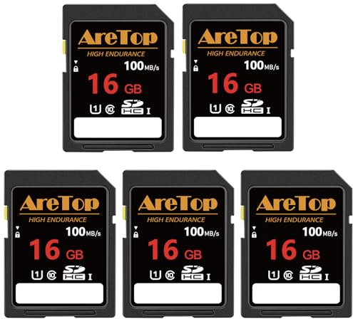 AreTop Lot de 5 cartes mémoire SD SDHC UHS-I Classe 10 16 Go Full HD pour appareils photo, reflex numériques, caméras d'action et caméra de trail 16 Go