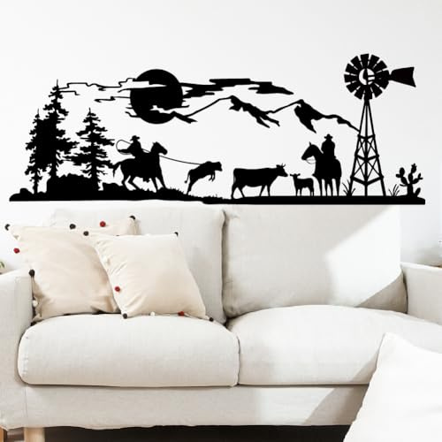SUPERDANT Western Cowboy Wall Stickers Mountains Windmill Wall Decal Peel and Stick Large Black Vinyl Art Decor Farm Mural for Boy's Room Bedroom Livingroom Farmhouse Man Cave 128.4x46.7cm