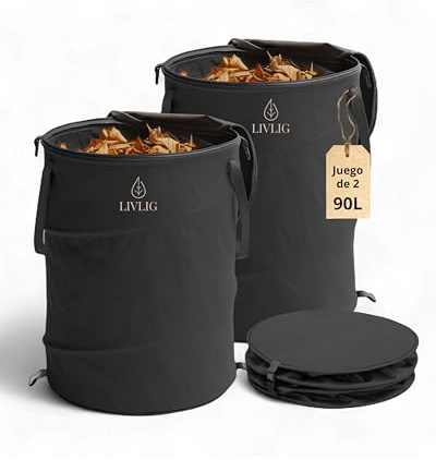 LIVLIG Pop Up Gartensack 90L, Faltbarer Gartenabfallsack mit Deckel und doppeltem Boden, Stabiler Laubsack mit Deckel, Laubsack und Gartenabfallsack Schwarz, 2 Stück