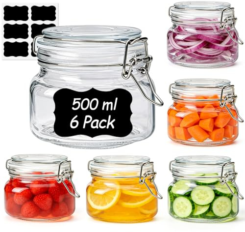ComSaf Einmachgläser mit Bügelverschluss 500 ml 6er Set, Vorratsgläser | Quadratische Form für Tee, Zucker, Bohnen, Nudeln oder Kekse und platzsparend im Küchenregal oder Vorratsschrank