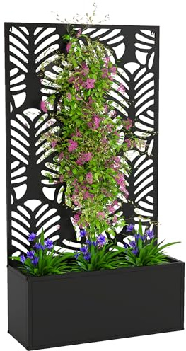 Outsunny Metal Garden Bed for Garden with Trellis, Wall Mounted or Freestanding Raised Planter with Privacy Screen, Monstera Leaves Cut-Out Trellis Planter for Climbing Plants, Flowers, Vegetables
