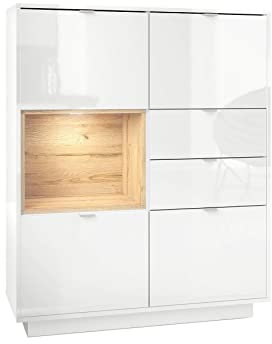 Vladon Highboard Sideboard Metro, Made in Germany, Korpus in Weiß Hochglanz/Fronten in Weiß Hochglanz mit Einsatz in Eiche Natur, inkl. LED Beleuchtung