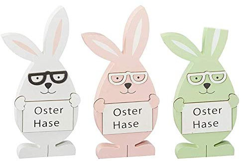 Hasen Figur Frohe Ostern mit Brille aus Holz H: 15 cm, 3er Set - Frühlingsdeko, Osterdeko