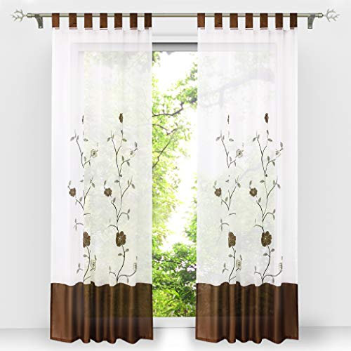 HongYa 1 Stück Voile Gardine Schal mit Schlaufen Transparenter Vorhang Bestickter Schlaufenschal H/B 145/140 cm Braun