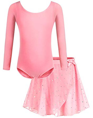 Bricnat Robe de Danse Fille Tutu Ballet Enfants Vêtements de Danse Classique Jupe Tulle Manches Longues Rose Foncé B 4 Ans