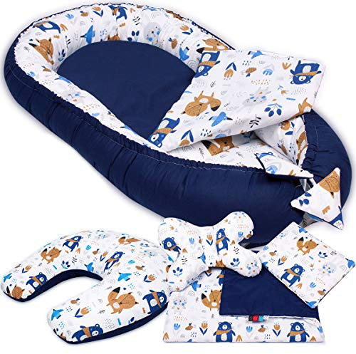 PaLulli 6-TLG Baby Ausstattung-Set - Babynest mit Stillkissen, Baby-Matratze, Kuscheldecke, Flachkissen, Nackenkissen, kuschelweich für Babys (Aztec)