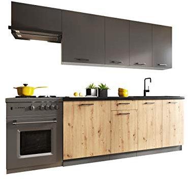 Mirjan24 Küche Lakard I 180/240 cm, Küchenblock/Küchenzeile, 7 Schrank-Module frei kombinierbar, Metallbox Schubladensystem, Arbeitsplatte im Set (Asche/Artisan + Graues Graphit + Schwarzer Stein)