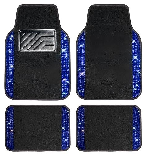 CAR PASS Bling Diamant Auto Fußmatten, Glänzend Glitzernder Kristall, Universal Fussmatten Auto mit Rutschfestem PVC Fersenpolster für SUV Limousine Van, 4 Stück für Mädchen Damen Herren(Blau)