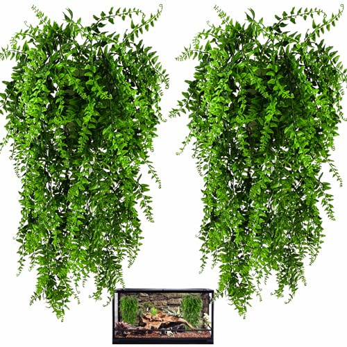 HERCOCCI 2 Pack Reptile Plants, Terrarium Hanging Plants Vines Artificial Leaves Habitat Decorations with Suction Cup for Bearded Dragon Hermit Crab Lizard Snake Geckos Chameleon