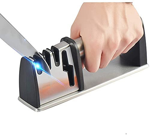 ANSIEDIO Knife Sharpener, 4 in 1Kitchen Knife Sharpening Stone Manual Knife Sharpeners for Sharpening Knives, Scissors - Wide Handle,Non-Slip Base,Tungsten Steel/Diamond/Ceramic Rod