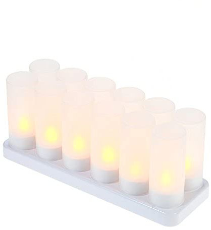Irishom 12pcs/Set Rechargeable LED Flickering Flameless Candles Tealight Candles Lights with Frosted Cups Charging Base Yellow Light AC100-240V