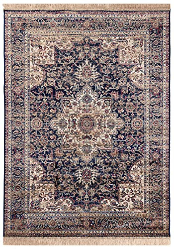 Carpeto Rugs Teppich mit Fransen Orientalisch in Navy blau - Wohnzimmer Schlafzimmer - Klassisch Orient Muster dicht gewebt - Kurzflor Weiche Viskose - Faser 80 x 220 cm