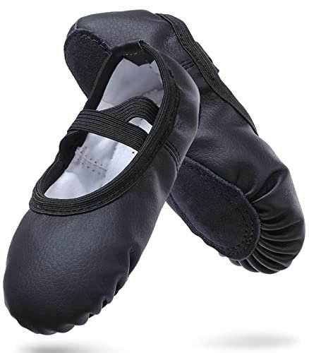 Ballettschuhe Mädchen Leder Ballettschläppchen mit Geteilte Ledersohle Gymnastik Tanzschuhe für Kinder Damen,Schwarz Eu29