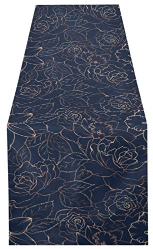 Copper-gold Shiny Outline Rose Peony Flowers Leaves on Navy Blue 18 X 72 Rectangle Table Runner Long Tablecloth Placemat for Party Home Decor Indoor Outdoor Office Kitchen Dining Wedding