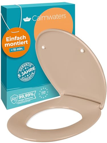 Calmwaters® Premium WC Sitz einfache Montage, Toilettendeckel bis 250 kg, Made in EU, antibakterieller Duroplast, Absenkautomatik, 2 Montage Optionen, abnehmbar, Klobrille, oval, Beige-Bahamabeige