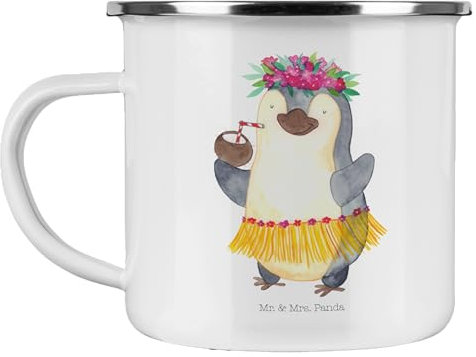 Mr. & Mrs. Panda Camping Emaille Tasse Pinguin Kokosnuss - Geschenk, Ferien, Pinguine, Campingtasse, Outdoor Becher, Hawaii, Emaille Trinkbecher,