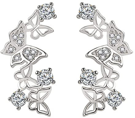 Zirkonia Tier Wrap Kletterer Ohr Kristall Ohrstecker Manschetten Rebe 3D Silber Ohrring Ohrringe Tropfen Und Baumelnde Ohrringe (Silver, One Size)