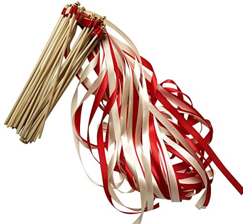 Cozylkx 50pcs Bâtons De Banderoles De Mariage avec des Cloches, Baguettes De Souhaits Bâton Virevoltant Bâton De Baguette De Fée pour La Fête,Rouge + Blanc