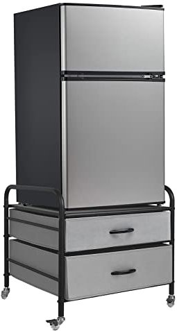 EazeHome Mini Fridge Stand, Fridge Stand with Storage, 2 Drawer Fridge Cart, Organizer Unit for Mini Fridge, Fridge Stand with Metal Frame and Fabric Drawers, Mini Fridge Table with 4 Swivel Wheels