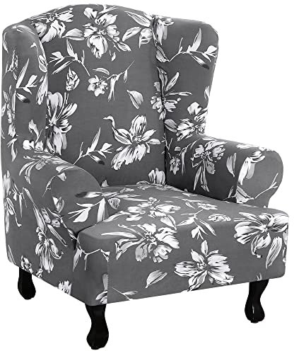 Highdi Ohrensessel Bezug 1-Teilig Elegantes Blumenmuster Sesselbezug, Sesselüberwürfe Ohrensessel Überzug Stretch Sesselhusse mit Armlehne für Relaxsessel, Fernsehsessel (Grau)
