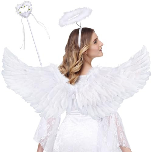Ailes d'ange Blanches, Décoration d'ailes d'ange, Costume d'ange Femme, Ailes d'ange, Costume d'ange avec Halo et Baguette Magique Peuvent être Utilisés comme Costumes pour Halloween, Carnaval