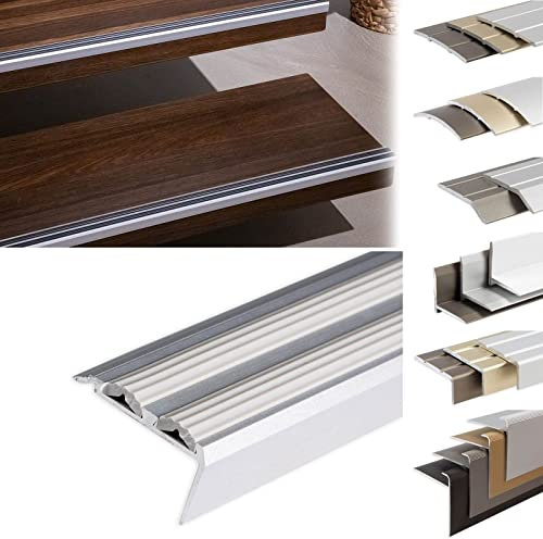 KARAT Stufenkantenprofile Aluwinkel Bodenleisten Rutschfest mit Montagematerial - Treppenkantenprofile Winkelprofile (Powergrip Doppelgummi, Grau, 1340x42x20 mm, Selbstklebend)
