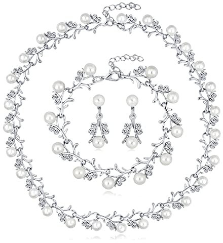 Schmuckset Damen, Schmuckset Silber Damen Hochzeit Blattperle Halskette Ohrring und Armband Brautschmuck Vintage Set