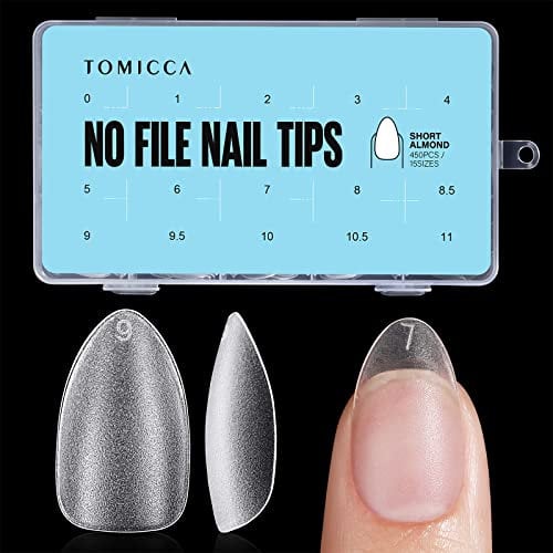 TOMICCA 450Pcs Short Almond Nail Tips - No-File Matte Soft Gel Full Cover | Soak Off Resin Extensions, 15 Sizes Salon & Home DIY Kit with Storage Box