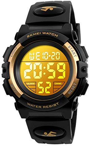 Dayllon Digitaluhr Kinder Uhren für Jungen Armbanduhr Kinder Outdoor Sport 50M Wasserdicht Elektronische 12/24 H Wecker Stoppuhr/Kalender/LED-Licht/Datum Junge Mädchen Black Gold XS(3-10 Year Old)