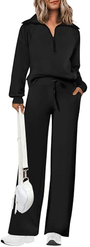 PRETTYGARDEN Women's 2025 Fall Lounge Sets Casual Half Zip Sweatshirt and Wide Leg Pants 2 Piece Outfits Sweatsuit (Black,Medium)