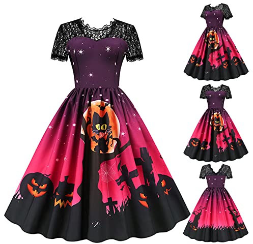 Halloween Costume pour Femme fête Robe Femme Chic et Elegant Robe de soirée Manche Courte Col Rond Dentelle Imprimée Vintage Sexy Halloween Deguisement Mode Cosplay Plissée Nouvelle Tenue