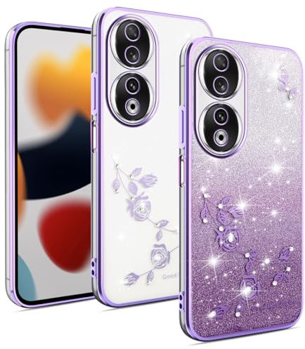 YUXING Cover Transparente Glitter per Honor 90 5G, Ragazze Donna Flora Motivo Custodia Bling Sottile, Antiurto Scintillante TPU Case (Purple)