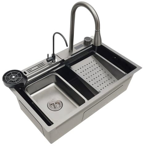 Fregadero de cocina, fregadero inteligente, fregadero de cocina rectangular con tabla de cortar y escurridor, etc., fregadero multifuncional, 3 modos de salida de agua, 75 x 46 x 22 cm, plata