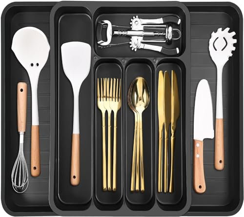 Dntorx Cutlery Drawer Organiser, Expandable Utensil Drawer Organiser Large Kitchen Drawer Organiser Cutlery Trays for Kitchen Drawers Adjustable Silverware and Flatware Holders for Knives Forks, Black