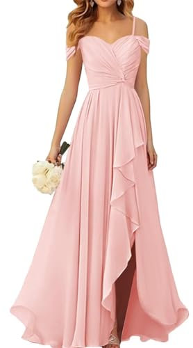 WSEYU Abiti da damigella d'onore con spacco pieghettato chiffon abiti da ballo lungo abito da sera formale, Rosa cipria, 34