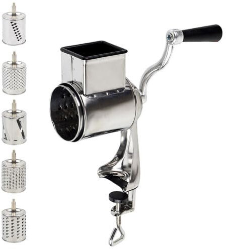 Edelstahl Manuelle Kartoffelreibe, Reibemaschine Trommelreibe Gemüsehobel Küchenmaschine mit 5 Trommeln 10 * 24cm