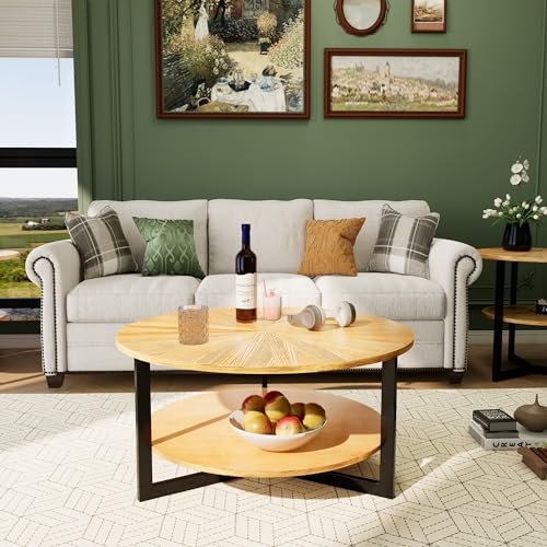 MIAUWUUFHOME Runder Couchtisch aus Holz für Wohnzimmer, 2 Etagen, kreisförmiger Bauernhaus-Couchtisch mit Stauraum, rustikaler natürlicher Couchtisches für Wohnung, Naturholz