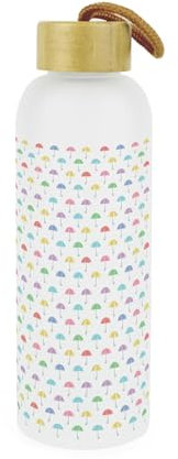 Purely Home Umbrellas Glass Water Bottle - Fun Colourful Rainy Day Accessories Themed Gift/Present - Reusable Frosted Glass Drinks Bottle with Wooden Screw Lid & Hanging Loop 750ml (25oz)