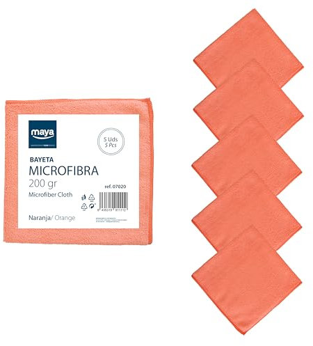 Maya Bayeta Terry 200G. Limpieza Eficaz y Sin Marcas. 100% Microfibra. para Todo Tipo de Superficies. Pack de 5 Unidades (Naranja)