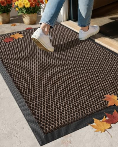 COLOR&GEOMETRY Outside Welcome Front Door Mat, 43x76cm Brown | High Stretch Elastic Silk Door Mat Outside Entrance, Outdoor Door Mat for Patio,Quick-Dry & Heavy-Duty, Non-Slip Doormat