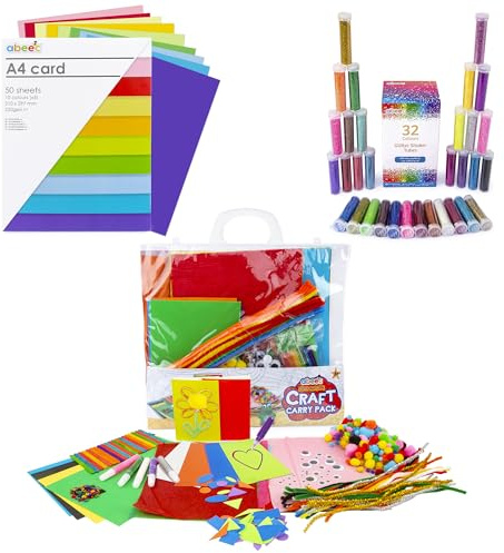 abeec Kids Craft Bundle – Includes A5 Coloured Card Pack, 32 Glitter Shaker Tubes, and Craft Carry Pack with Glue, Pom Poms, and More – Ideal Arts and Crafts Kit for Creative Kids
