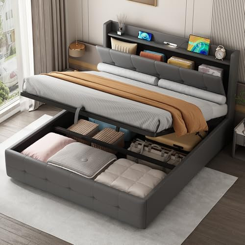 4ft6 Double Bed Frame with Hydraulic Lever and Storage Concealed Headboard, PU Leather Upholstered Ottoman Storage Bed with USB Charging Station and LED Lighting, Gas Lift Up Bed, No Mattress, Grey